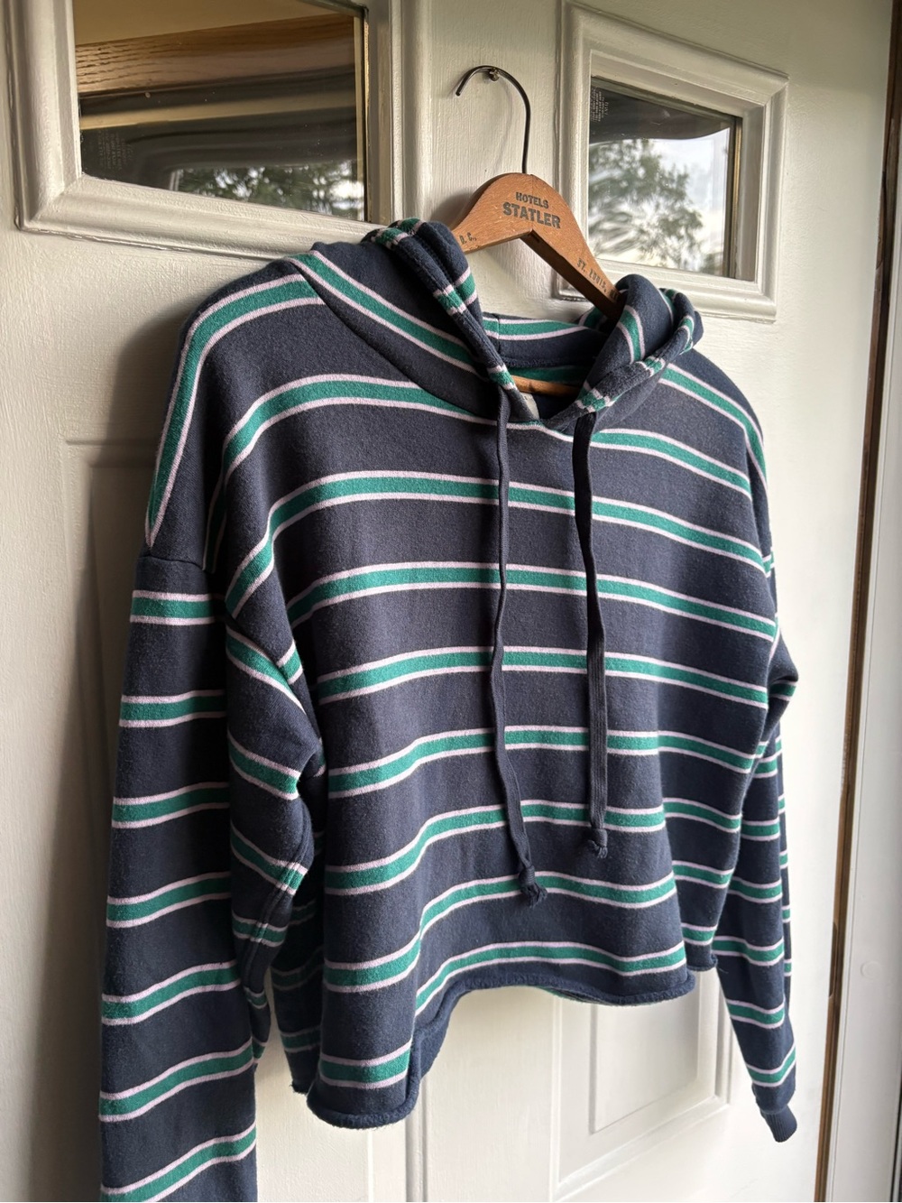 American Eagle Women’s M Cropped Hoodie Navy With Green & Lavender Stripes